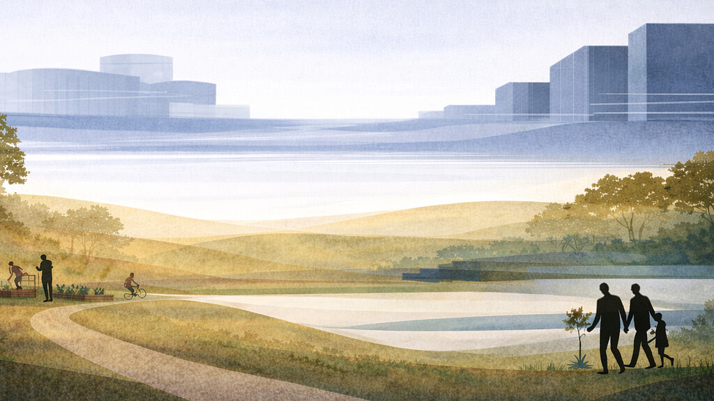 A group of people walking on a path by a body of water.